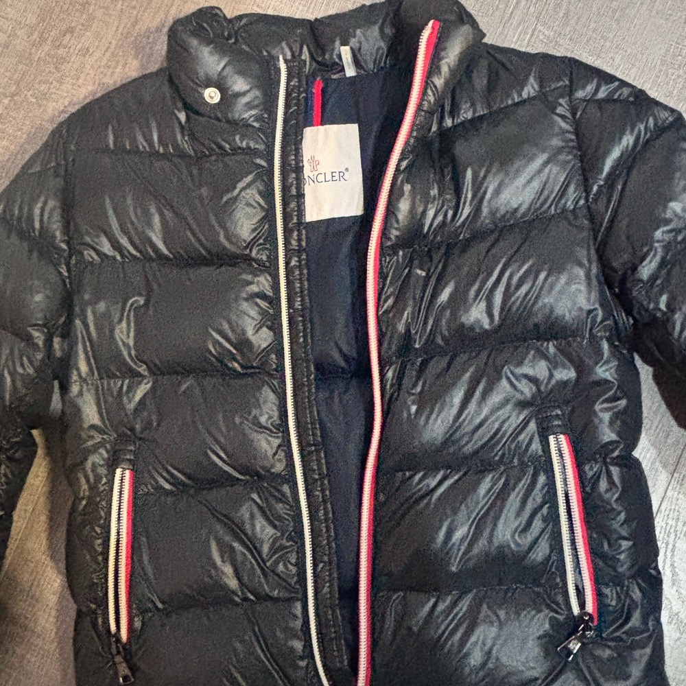 Moncler Navy Puffer Jacket with Red Accents